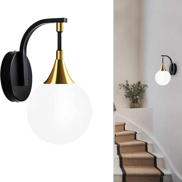 1-Light Bathroom Wall Sconce Light,Black and Gold Vanity Lighting with White Milk Globe Glass Shade, Vintage Wall Light Fixture Wall Lamp Wall Mount Light for Bedroom Hallway
