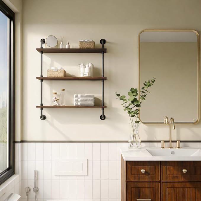 3-Tier Industrial Pipe Floating Shelf – Rustic 24 inch Wood Wall-Mounted Storage Shelf for Kitchen Office,Bathroom & Home Decor -Walnut