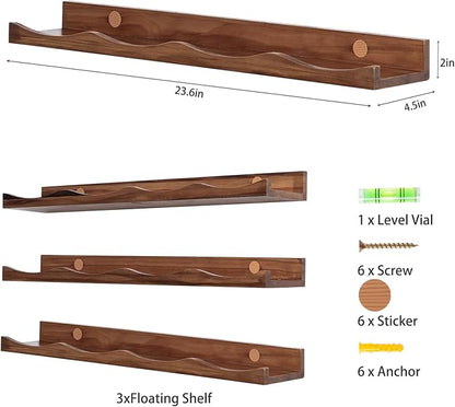 AZSKY Floating Bookshelf for Kids, Floating Shelves for Wall Cloud Picture Ledge Shelf Walnut 23.6 Inches Nursery Book Shelves Set 3, Baby Book Shelf for Toddler Room, Baby Room, Nursery Decor