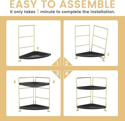 2-Tier Spice Rack Corner Storage Shelf Makeup Organizer Stackable Cosmetic Holder Standing Counter Shelf for Bathroom, Kitchen, Countertop, and Vanity (Gold + Black)