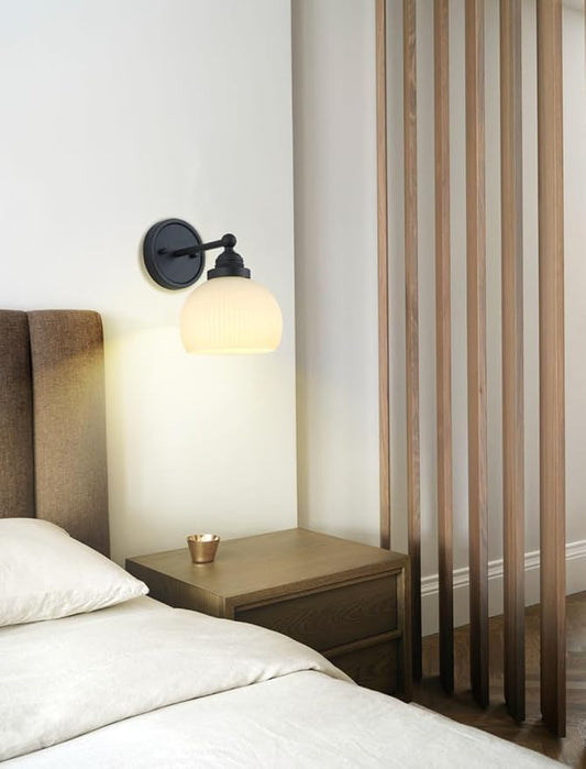 HEQIQEH Vintage Rechargeable Battery Operated Sconce Wall Lighting with Remote Control, Dimmable Ribbed White Glass Shade Wall Mounted Lamp Fixture for Bedroom Vanity Bathroom Living Room