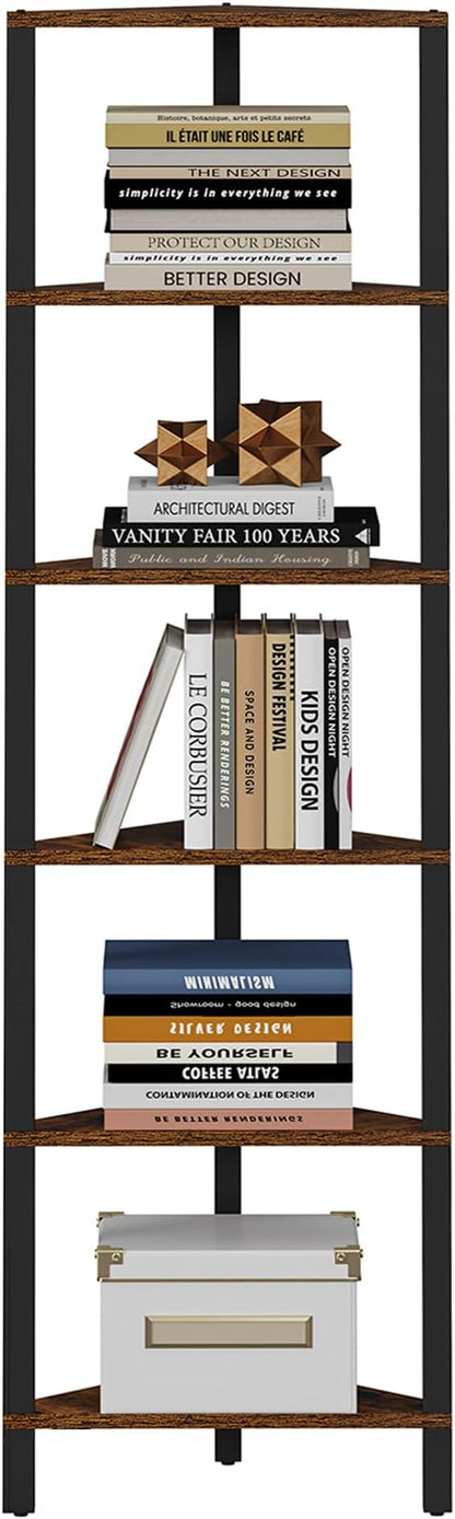 TUTOTAK Corner Shelf, 6-Tier Corner Bookshelf for Small Space, Narrow Display Corner Shelf Stand with Storage Rack, for Living Room, Bedroom, Rustic Brown BS05BB006