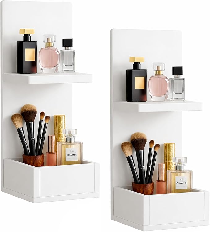 2-Tier White Floating Wall Shelf, 20x8x6 Wall-Mounted Wooden Beside Shelf/Nightstand for Home Décor, Plants, Cosmetics, Bathroom, Kitchen, Bedroom Storage (White with Box)
