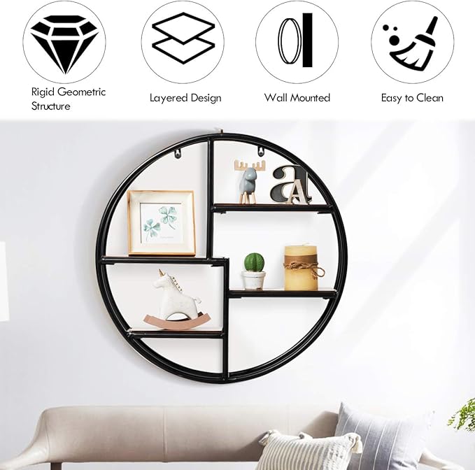Tangkula Round Wall Shelf, Wall-Mounted Circular Shelf, Wood & Iron Wall Hanging Shelves, 4-Tier Circle Shelf Wall Decor for Home Office, Circular Floating Shelves (1, Black)