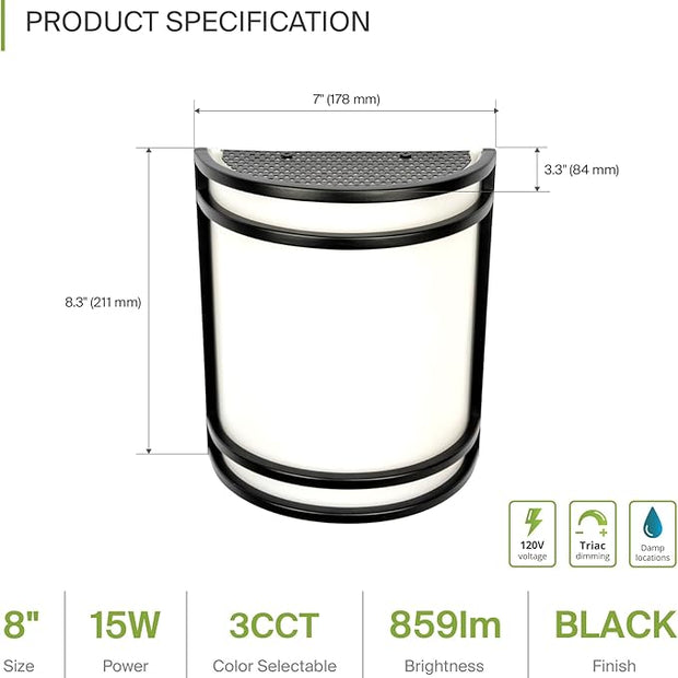 ASD LED Indoor Wall Mount Light Fixture - 8 Inch 15W Modern Interior Matte Black Dimmable Wall Sconce Light - ETL 3000K 4000K 5000K Adjustable - Hallway, Bedroom LED Wall Lights