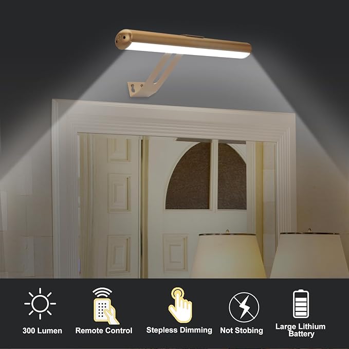 Picture Light 2 Pack, Rechargeable Picture Light for Paintings with Remotes, Wireless Picture Frame Light, 3 Lighting, 300LM Battery Operated Art Light for Display, Picture-Gold