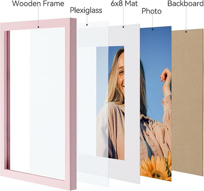 Vittanly 8.5x11 Picture Frames Set of 4, Display Pictures 6x8 with Mat or 8.5x11 without Mat, Gallery Wall Frame Set for Wall Mounting, Engineered Wood with Shatter Resistant Plexiglass, Pale Pink