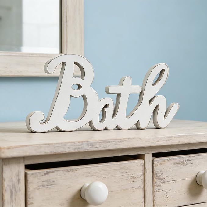 Rustic Bath Signs for Bathroom 14 inches, Hanging Distressed White Bathroom Sign Decor for Shelf, Wooden Wall Signs for Home Decor, Decorative House Sign