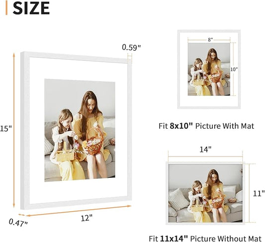 11x14 Picture Frame Set of 4, Displays 8x10 with Mat or 11x14 Without Mat, Photo Frames for Wall Hanging or Tabletop, Includes HD Plexiglass, White