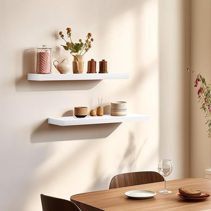 Floating Shelves 16 Inches, Set of 3 Solid Rustic Wood Wall Mounted Shelves (Round Edge), Wall Picture Ledge Shelf with Invisible Metal Brackets for Living Room, Bedroom, Bathroom, White