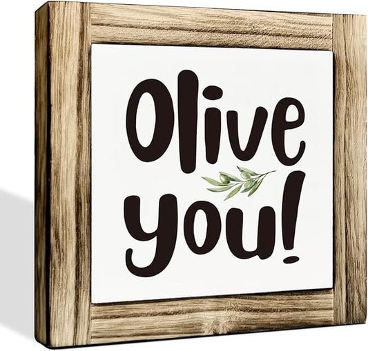 Olive You Box Sign - Funny Wooden Desk, Shelf Decor for Home, Farmhouse Kitchen Bar, Cute Kitchen Decor for Shelf, Home Bar Decoration
