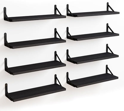 Fixwal Floating Shelves, Width 4.7in Rustic Wood Wall Shelves Set of 8, Wall Storage Shelves for Bedroom, Living Room, Kitchen, Bathroom, Office and Plants (Black)