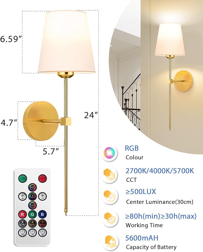 Adetu Battery Operated Wall Sconce Set of 2, 5CCT Gold Rechargeable Wall Lights with Remote, 10 RGB Dimmable Colors Wireless Battery Powered Wall Sconce Wall Lamp for Bedroom Living Room Wall Decor