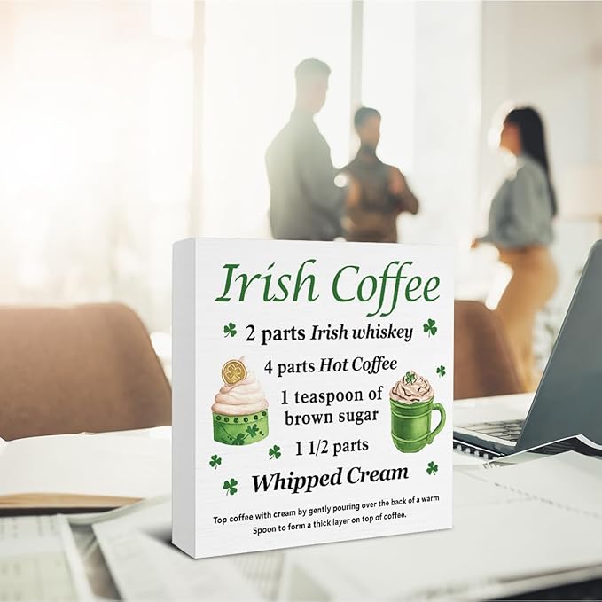 St Patricks Day Decor - Irish Gifts - St. Patrick's Day Decorations Coffee Bar Wooden Sign Home Kitchen Coffee Bar Desk Table Shelf Decor - 5 x 5 Inches