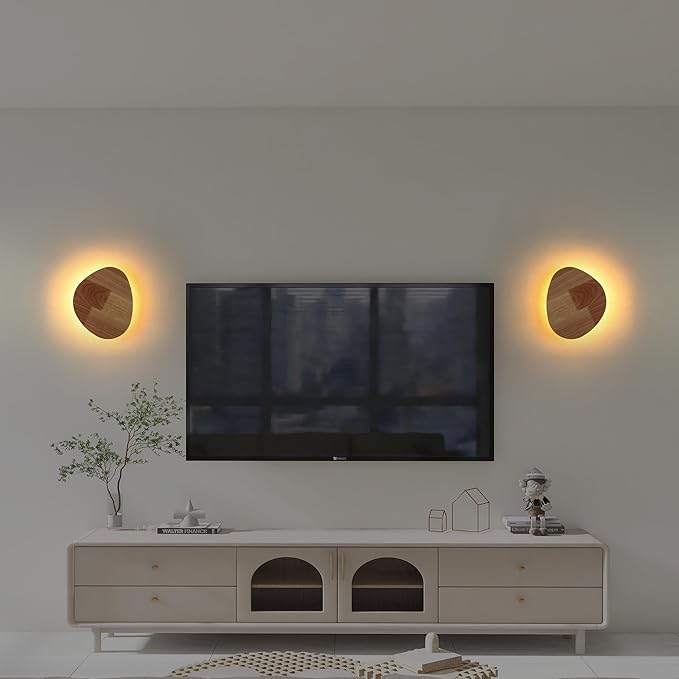 Modern Minimalist Plug in Wall Sconces, 9.4'' Plug-in Or Cordless Wood Backlight LED Wall Lamp, 12W, 1100LM Warm White Brightness Wall Light Fixtures for Bedroom, Living Room Wall Décor