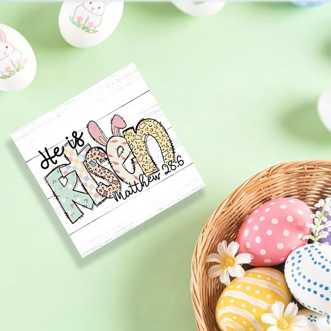 Funny Easter Christian Sign Easter Bunny Decor Religious Jesus Bunny Rabbit Decor Decorations for Home Office Desk Tiered Tray He Is Risen Matthew 28:6 Sign 5 X 5 Inch