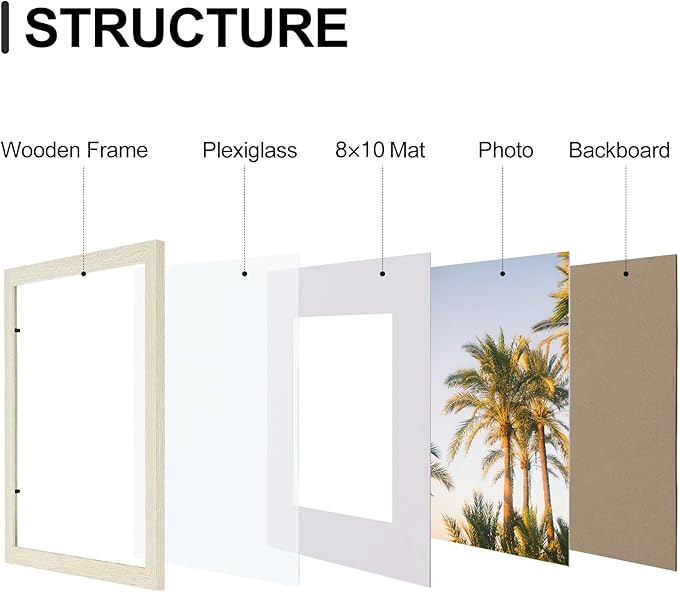 Vittanly 11x14 Picture Frames Set of 9, Shatter Resistant Plexiglass, Display 8x10 Pictures with Mat or 11x14 without Mat, Photo Frames for Wall or Tabletop, Engineered Wood, Cornsilk