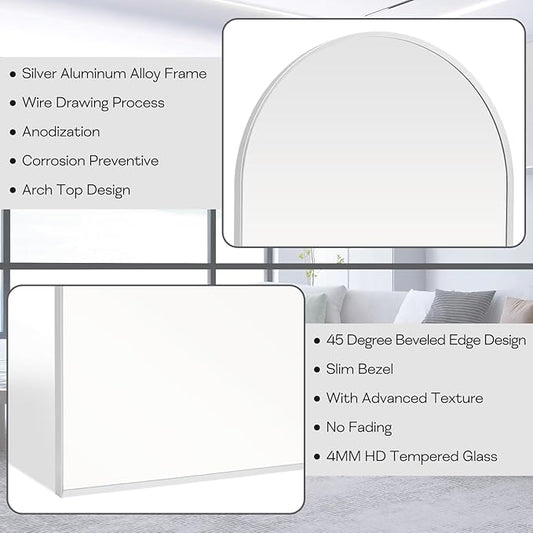 30" x 40" Silver Arched Mirror, Large Arch Bathroom Vanity and Wall Decor Mirror for Living Room, Bedroom, Entryway, Fireplace Mantel (Tempered Glass)