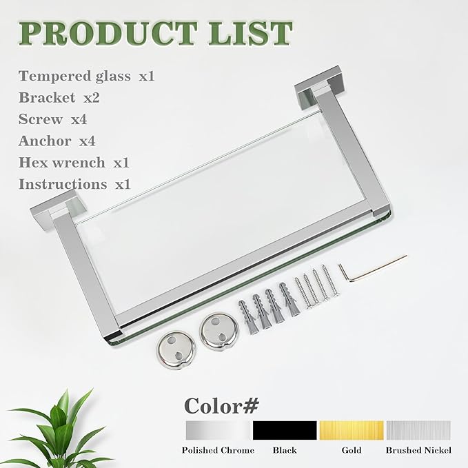 Alise Glass Shelves for Bathroom Wall, Tempered Glass Bathroom Shelf Wall Mounted, Modern Space Saving Floating Shelves 12 inch, Polished Chrome