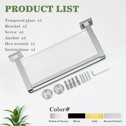 Alise Glass Shelves for Bathroom Wall, Tempered Glass Bathroom Shelf Wall Mounted, Modern Space Saving Floating Shelves 12 inch, Polished Chrome