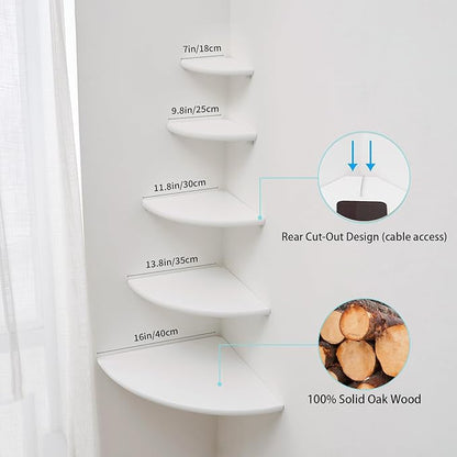 White Corner Shelf, Wall Mount Natural Oak Wood Floating Corner Wall Shelf Round End Small Corner Nightstand Plant Shelf for Bedroom, Kitchen, Living Room 12inch