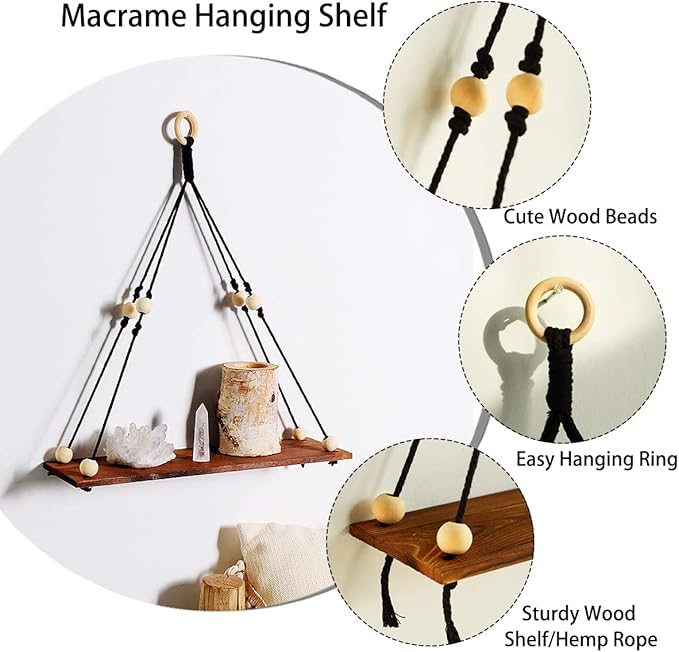 Artilady 2 Pack Wooden Wall Hanging Shelves - Macrame Hanging Plant Shelf Boho, Handmade Rustic Hanger Planter Rack Pot Stand Holder Storage Floating Shelves