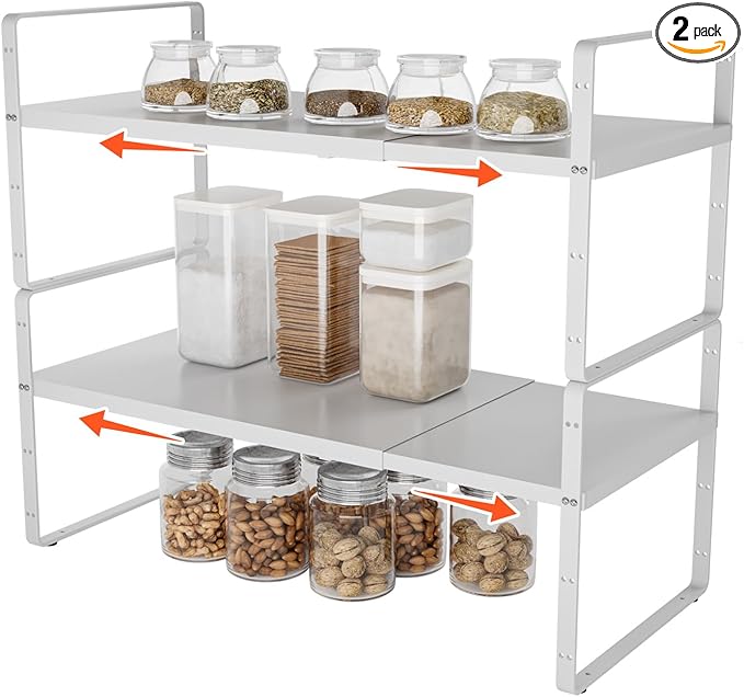 2Pack 16.5-27’’L Expandable Stackable Cabinet Shelves, Adjustable Spice Rack Cabinet Shelf Organizer for Kitchen, Countertop, Pantry and Cupboard, White