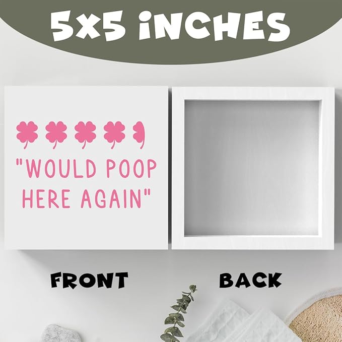 St Patricks Day Decor Funny Bathroom Shamrock Decor Pink Four Leaf Clover Would Poop Here Again Wood Sign Funny Home Tabletop Shelf Desk Decor 5 X 5 Inches