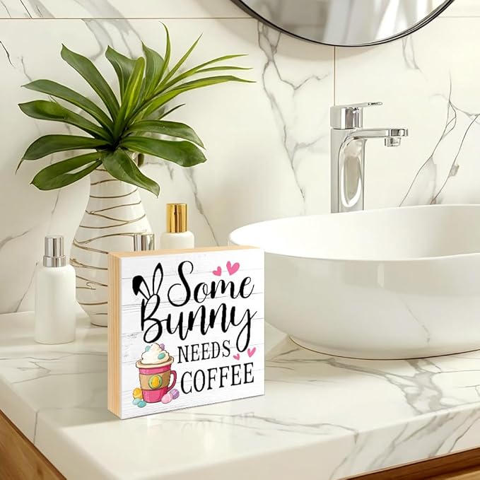 Some Bunny Needs Coffee Easter Wood Block Plaque Box Sign for Home Living Room Coffee House Bar Shelf Table Office Decoration, Easter Farmhouse Decor Gifts for Friend Family