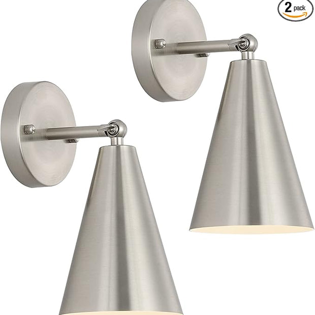 MWZ Brushed Nickel Wall Sconce Set of Two, Modern Sconces Wall Lighting Fixtures with Silver Metal Shade, Indoor Wall Mount Swing Arm Lamp for Bedroom,Bedside,Bar,Kitchen,Hallway