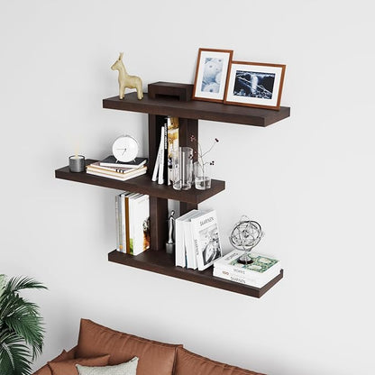 Variable Wood Floating Shelves Set of 3, Wall Cube Shelves 28.35" Max, Wall Shelves for Living Room Bathroom Bedroom - Dark Walnut Color - 28.35" x 23" x 5.9" Max