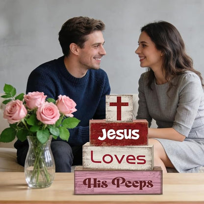 4 Pcs Christian Jesus Decorations for Home Religious Tiered Tray Decor Jesus Loves His Peeps Sign Rustic Farmhouse Decor for Home Office Kitchen Shelf Tabletop Centerpieces