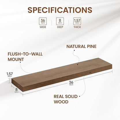 Heimlove 36 Inch Floating Shelves for Wall Walnut Shelves Set of 2,Wall Mounted Rustic Wood 8 Inch Deep Floating Shelf with Invisible Brackets for Bedroom Kitchen Living Room