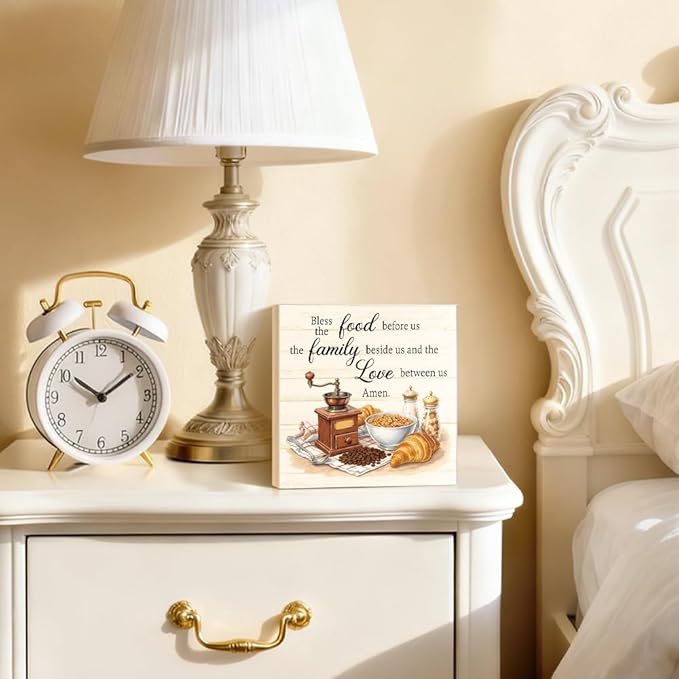 Bless The Food Before Us The Family Beside Us And The Love Between Us Wood Block Plaque Box Sign for Home Living Room Coffee House Bar Shelf Table Office Decoration, Bible Verse Home Decor