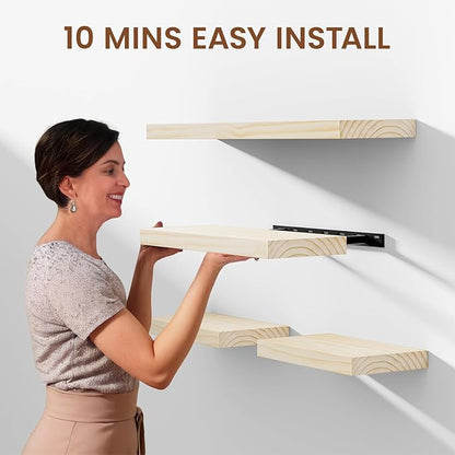 Heimlove 16 Inch Floating Shelves for Wall Solid Wood Shelves Set of 2,Wall Mounted Rustic Wood 8 Inch Deep Floating Shelf with Invisible Brackets for Bedroom Kitchen Living Room