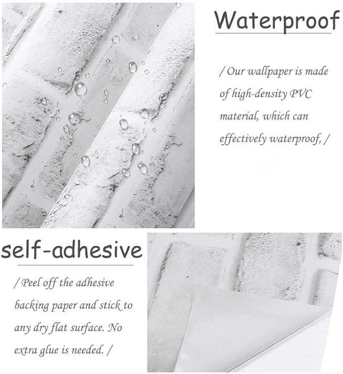 Cohoo Home Brick Wallpaper Peel and Stick Contact Paper 120inL 18inW Faux 3D Brick Contact Paper for Wall White Gray Self Adhesive Removable Wallpaper Backsplash Bedroom Wall Sticky Waterproof Thick