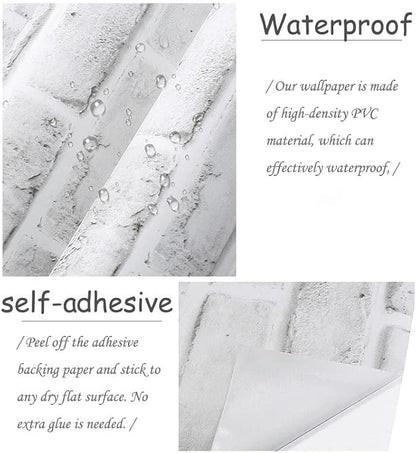 Cohoo Home Brick Wallpaper Peel and Stick Contact Paper 120inL 18inW Faux 3D Brick Contact Paper for Wall White Gray Self Adhesive Removable Wallpaper Backsplash Bedroom Wall Sticky Waterproof Thick