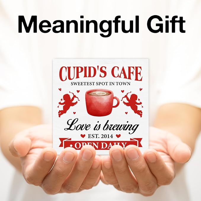 Valentines Day Gifts - Valentines Day Decor - Valentines Day Decorations for Home - Romantic Cupid's Cafe Love Is Brewing Wooden Sign Home Coffee Bar Kitchen Table Desk Shelf Decor 5×5 Inches