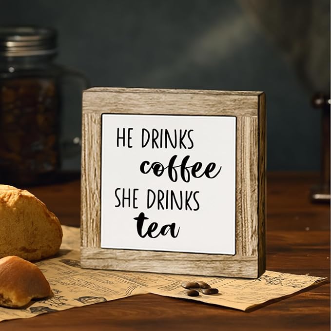 He Drinks Coffee She Drinks Tea Wooden Box Sign, Coffee Bar Sign, Rustic Home Kitchen Shelf Tabletop Decoration, Farmhouse Cafe Signs for Kitchen Decorations 5.9X5.9 Inches