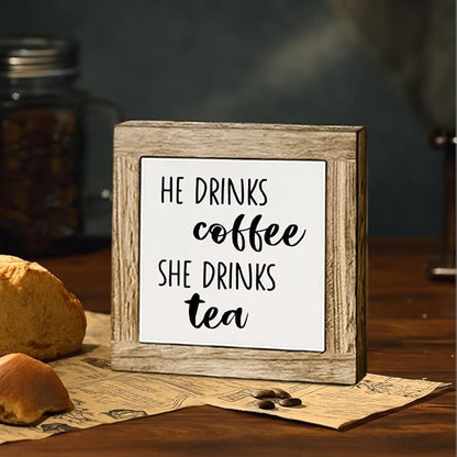 He Drinks Coffee She Drinks Tea Wooden Box Sign, Coffee Bar Sign, Rustic Home Kitchen Shelf Tabletop Decoration, Farmhouse Cafe Signs for Kitchen Decorations 5.9X5.9 Inches