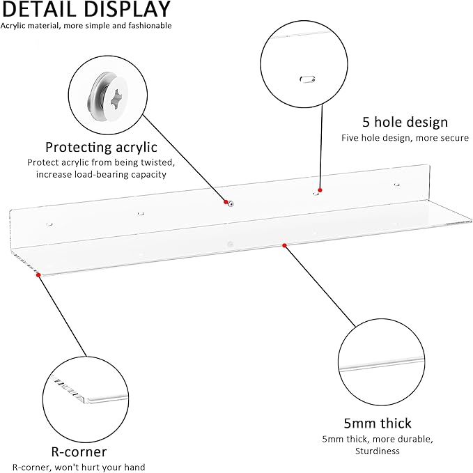 30 Inches Clear Long Floating Shelves for Wall, Acrylic Wall Shelf for Plants, Radio, Funko Pop, Books, Picture Frame, Clock, Cosmetics, Toiletries, 2 Pack(30 Inch)