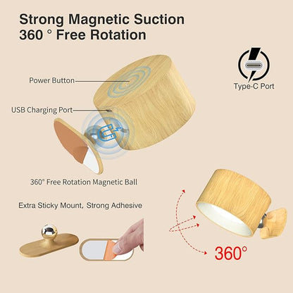 LED Wall Sconce, Wall Mounted Lamp with Rechargeable Battery Operated USB Port 3 Color Temperature & 3 Brightness Level 360°Rotate Magnetic Ball, Cordless Light for Reading Bedside-Wood