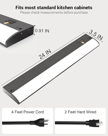 24 Inch LED Under Cabinet Light, Plug in Kitchen Lighting, 3CCT Selectable (3000K/4000K/5000K), CRI94 High Color Accuracy, Linkable, Slim Design Dimmable, Black