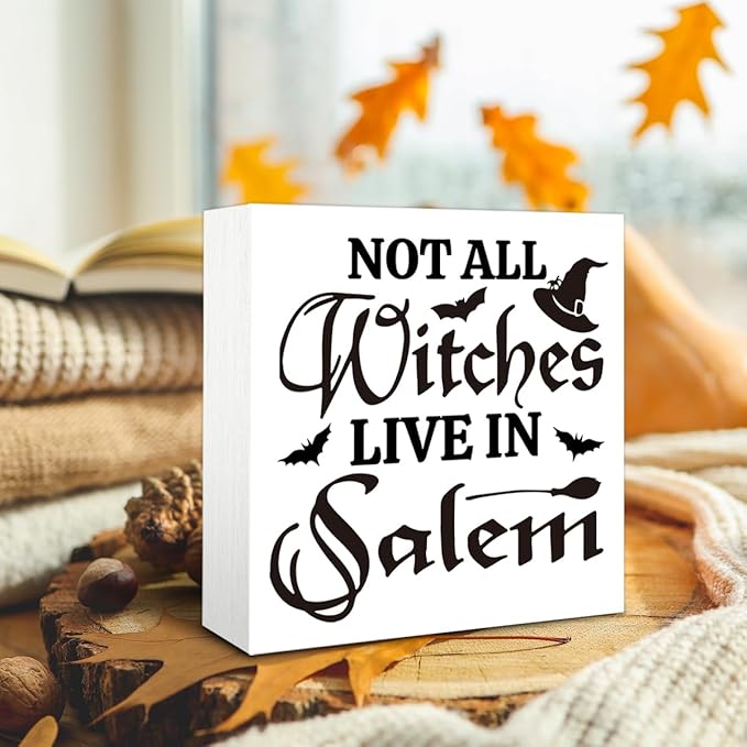 Rustic Halloween Box Sign Decor Tabletop, Halloween Party Decorations for Haunted House, Farmhouse Decor, Kitchen Decoration for Shelf, Not Every Witch Lives in Salem Sign Wooden Plaque 5 * 5inch