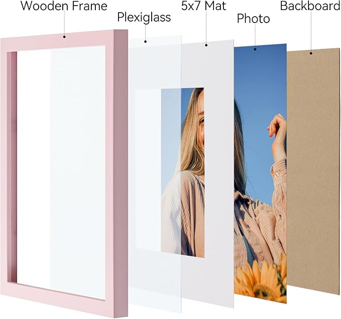 Vittanly 8x10 Picture Frames Set of 4, Display Pictures 5x7 with Mat or 8x10 without Mat, Gallery Wall Frame Set for Wall or Tabletop, Engineered Wood with Shatter Resistant Plexiglass, Pale Pink