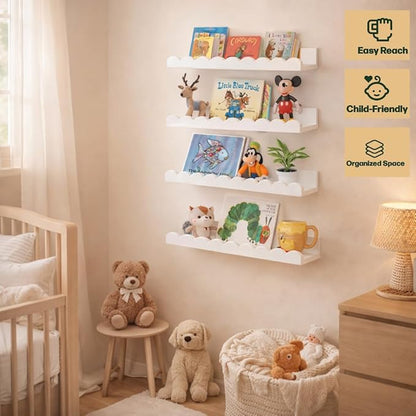 Scalloped Shelves - Set of 4 Pre-Assembled 15.6inch White Floating Nursery Book Shelves, Scalloped Book Shelf for Kids Rooms - Kids Wall Decor, Nursery Decor, Floating Shelves for Wall