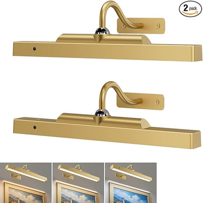 Wireless Picture Lights 12'', 2 Pack 4400mAh Battery Poerered Cordless Wall Lights, 350LM Dimmable Remote Timer for Painting Artwork Living Room (Antique Gold)