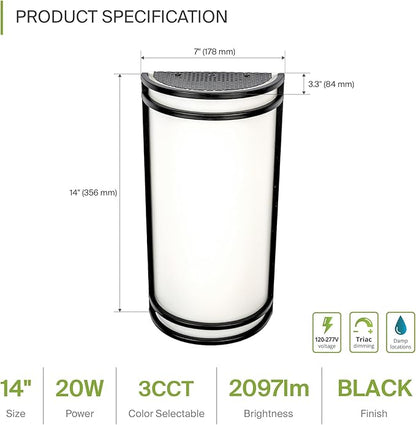 ASD LED Indoor Wall Mount Light Fixture - 14 Inch 20W Modern Interior Matte Black Dimmable Wall Sconce Light - ETL 3000K 4000K 5000K Adjustable - Hallway, Bedroom LED Wall Lights, 2 Pack