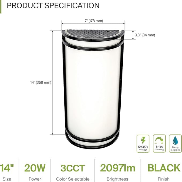 ASD LED Indoor Wall Mount Light Fixture - 14 Inch 20W Modern Interior Matte Black Dimmable Wall Sconce Light - ETL 3000K 4000K 5000K Adjustable - Hallway, Bedroom LED Wall Lights