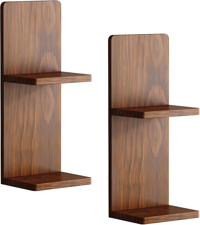 2-Tier Walnut Floating Wall Shelf of 2, 20x8x6 Wall-Mounted Wooden Beside Shelf/Nightstand for Home Décor, Plants, Cosmetics, Bathroom, Kitchen, Bedroom Storage